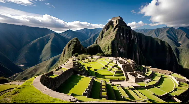 sacred inca ruins, inca pyramids, lots of green plants, sunset, intricate details, master piece