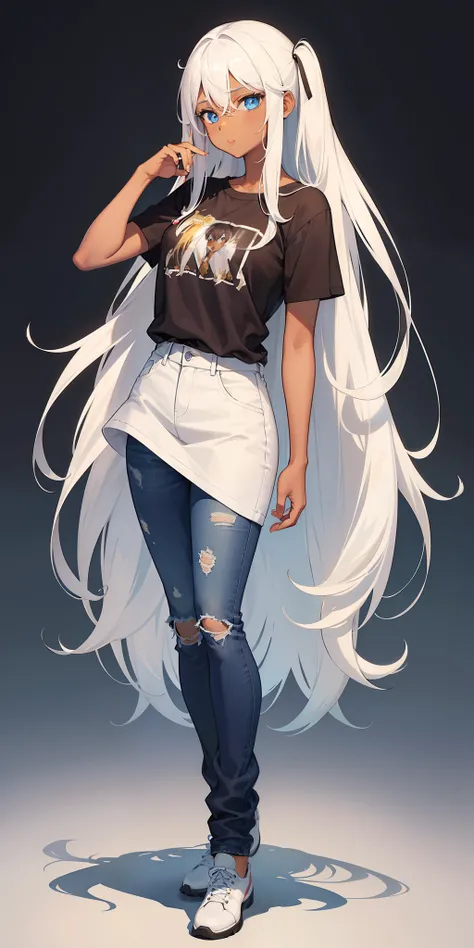 1 girl, brown skin, T-shirt, jeans, long white hair, blue eyes, Full body