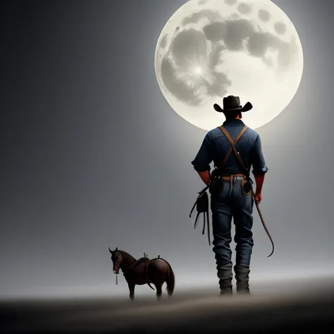 a drawing of a cowboy facing the full moon, mist, Something