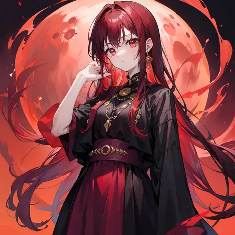 Red moon background，Relatively pale black-red hair and clothes，Black and reddish purple clothes，and gold jewelry，She is a very proud queen sister