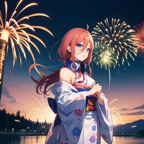 Miku Nakano wallpaper is standing there in a kimono, in the background you can see fireworks, medium sized breasts and looks cute and a bit shy, she has blue, sparkling eyes