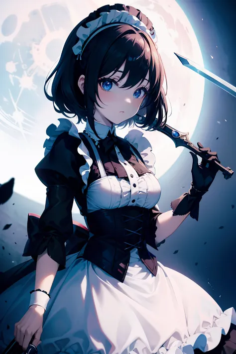 Close up portrait of woman in dress holding sword,, maid clothes, maid dress, anime girls in maid costumes, gorgeous maid, Anime Cosplay, Maid costume, victorian gothic lolita fashion, wearing a maid outfit, Cosplay, Mechanical maid illuminated by the pale...