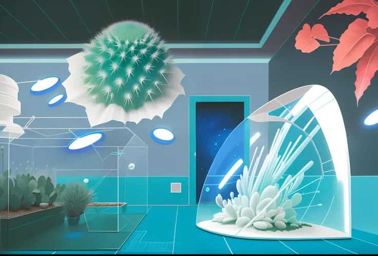 Painting cacti in a room with a blue floor, surreal sci fi set design, science fiction scene, Granular matte painting, Surreal gouache, science fiction scene, cryogenic pods, scifi illustration, surreal scene, scifi illustration, Science fiction painting, ...