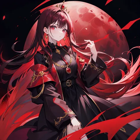 Red moon background，Relatively pale black-red hair and clothes，Black and reddish purple clothes，and gold jewelry，She is a very proud queen sister