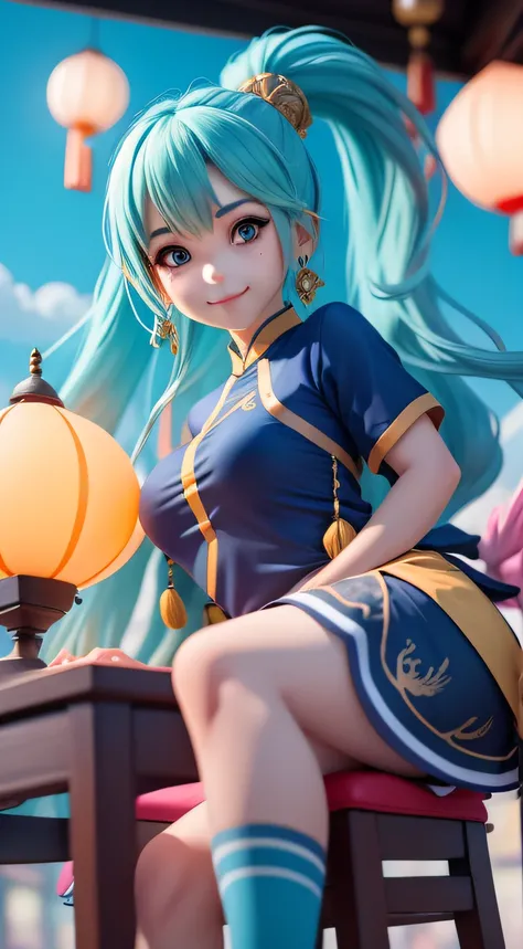 (Masterpiece),(Best quality),(Ultra-detailed), (full bodyesbian: 1.2), 1girll(Aqua_konosuba), Big avatar，tchibi,Cute, Smile, Light blue coiled hair,Black eyes, earring,Blue shirt, Pink skirt, Lace socks, (Sit on a Chinese dragon boat), Seductive posture, S...