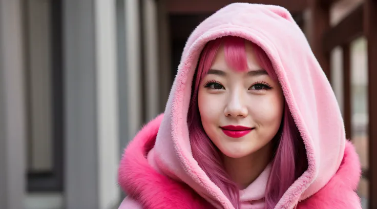 an extremely cute woman wearing a oversized hood, korean, pink hair, pink lipstick, smiling, (maan_steenwinkel_V4:0.8), detailed face, soft lighting, looking away, distracted, half-body photo, red cheek stain, blushing