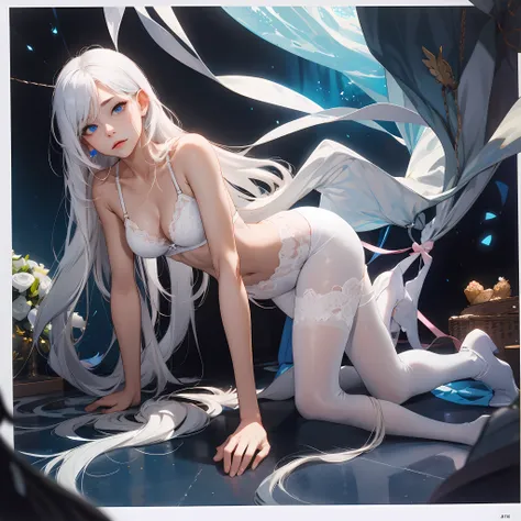 masterpiece, best quality, artbook, loli, ojousama, kawaii, mesugaki, very long hair, white hair, heart in eye, naughty_face, blue eyes, breasts, medium breasts, breasts out, sexy lingerie, white pantyhose, all_fours, cameltoe, shaved_, gokkun,