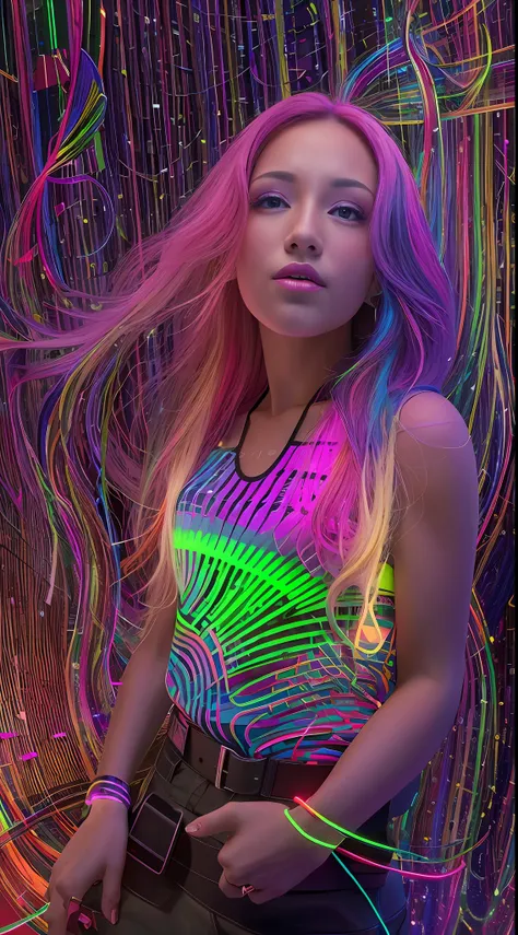 Arafed woman with long rainbow hair and a neon cyberpunk tank top, retrato, Ela tem um rosto bonito, Imagens da Webcam, clivagem, peituda, sexy look at the camera, Fotografado na webcam, 4 8 0 p, 480p, Seu peito, shes facing the camera, gorgeous female, fu...