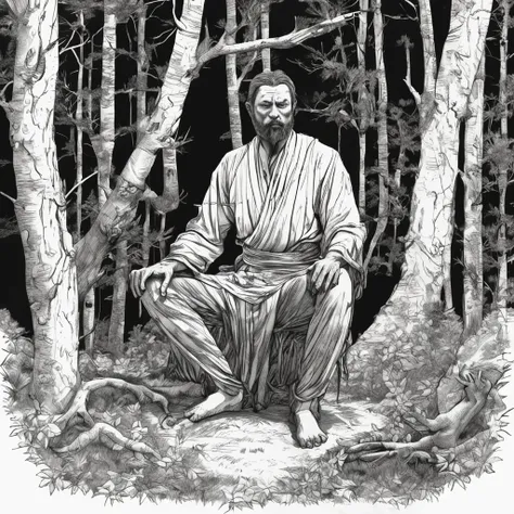 (Masterpiece)"black and white sketch，Man meditating in the forest，Used as illustration for fantasy role-playing games. The character should be depicted in full body on a white background, The monochrome style should highlight the presence of the character，...