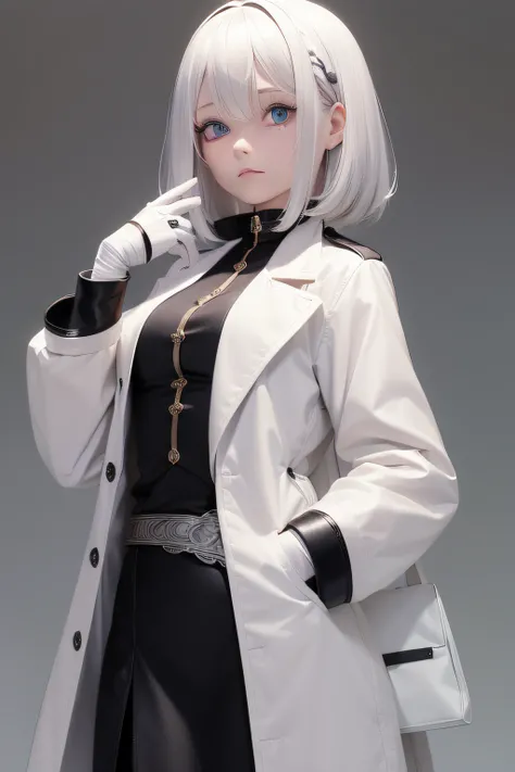 A girl with white hair whose hair was like a bandage，Has blue eyes，Wearing a beige coat，Bandages on his hands