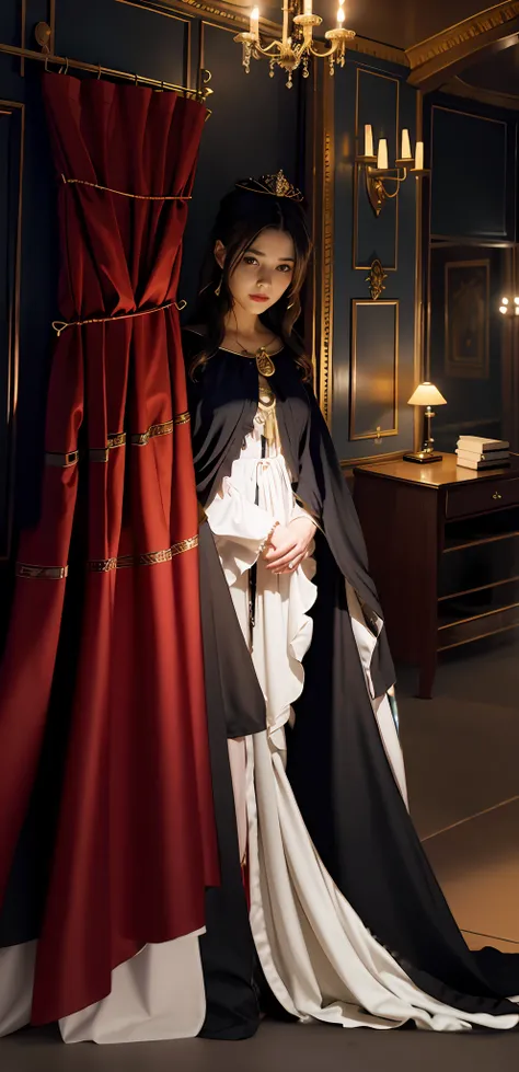 Arad woman in black and white dress and red cape, wearing a noblewomans outfit, wearing a luxurious royal cloak, wearing dramatic aristocrat robe, Wearing a luxurious silk cloak, wearing a luxurious cloak, Inspired by George De La Tour, dressed in medieval...