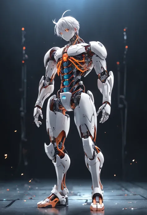 a humanoid robot, cyberbot, damaged body, amputated lower body, electric field leakage, mechanics, blood hook, circuit detail, front view, hyder hd, 8k gray background