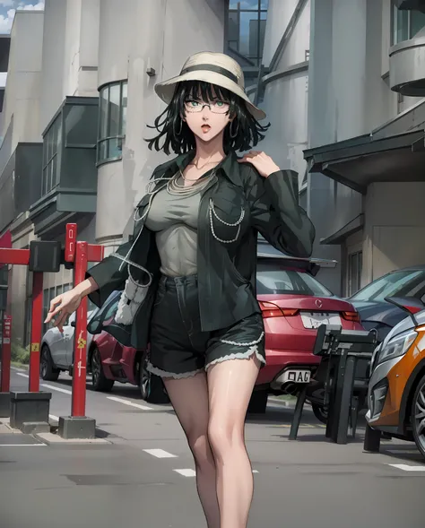 Girl, red lips, big nose, big tits, glasses, shorts hair, black hair colors, wearing earrings, wearing a necklace, fair skin, gray bucket hat colors, long sleeve levis shirt, white shorts tank top colors, short black pants, sexy body, sexy girl, stand pose...