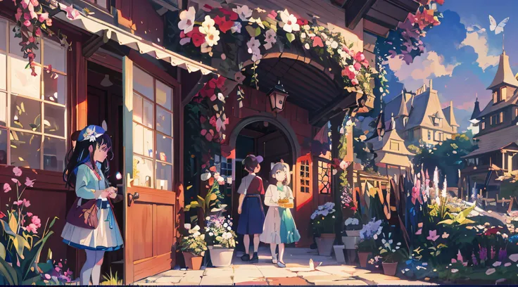 Anime scene of several girls standing outside the house, beautiful render of a fairytale, childrens art in artstation, lovely digital painting, atey ghailan 8 k, Magical realism style, In Studio Ghibli style, Guviz-style artwork, flower shop scene, in a co...