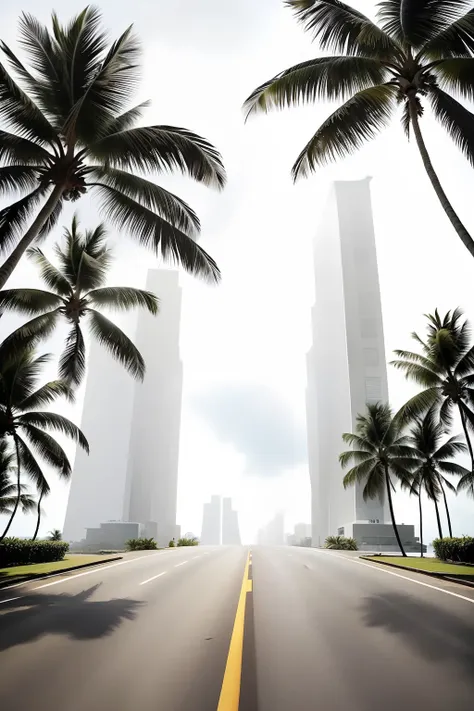 "a road to distant places，there are different high-rise buildings on both sides，there are coconut trees on both sides of the roa...