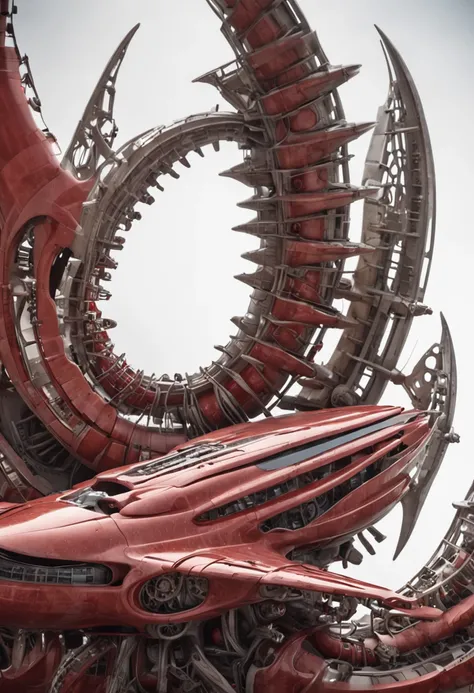 A red paint-splashed H.R. Giger-style fractal gothic biomechanical spaceship racing through The Many Branching Tomorrows.