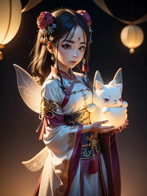 Beautiful fairy image，Costumes characteristic of ancient China，Auspicious clouds，As estrelas，senior color matching，Trendy toys，3 d modelling，3D design，Engine rendering，solid color backdrop，detail-rich，Still life shooting