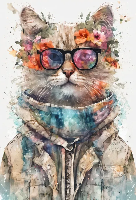 Perfect centering, Cute cat, wearing a jacket，crystal vases，Rose flower, Wearing sunglasses, cheerfulness, Standing position, Abstract beauty, Centered, Looking at the camera, Facing the camera, nearing perfection, Dynamic, Highly detailed, smooth, Sharp f...