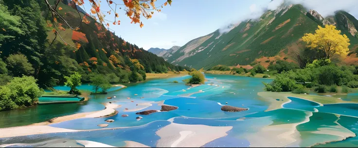 There is a river，Aqua blue，The background is a mountain, Extraordinary colorful landscape, Scenic Colorful Environment, natural landscape beauty, Really beautiful nature, Majestic nature, breathtaking colors, blue and green water, azure water, puddles of t...