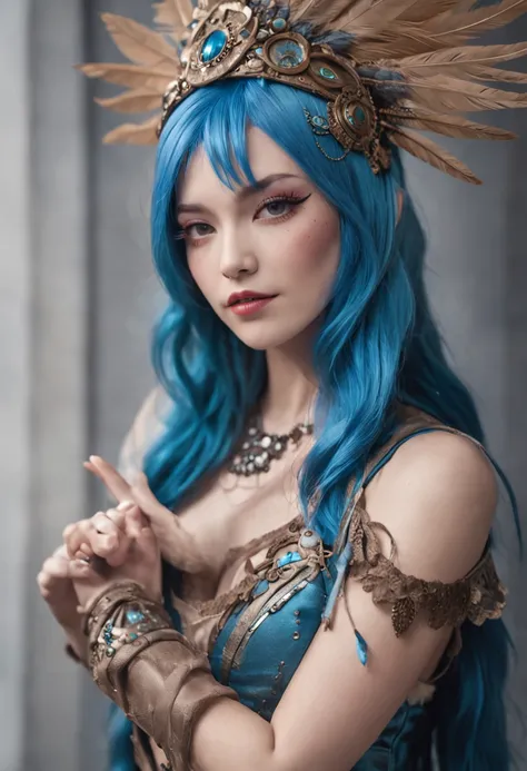 There is a blue hair，Woman with feathers on her head, fantasy photoshoot, glamourous cosplay, girl with feathers, elegant glamourous cosplay, Alice X. zhang, fantasy character photo, Guviz-style artwork, Shot on Canon EOS R 6, Ruan Jia and Artgerm, by Yang...