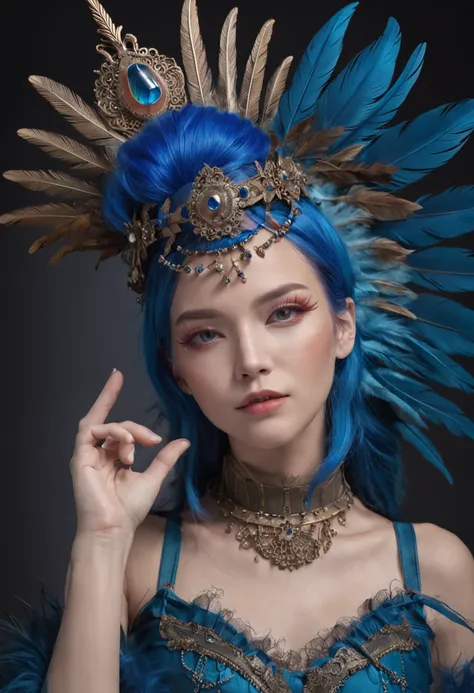 There is a blue hair，Woman with feathers on her head, fantasy photoshoot, glamourous cosplay, girl with feathers, elegant glamourous cosplay, Alice X. zhang, fantasy character photo, Guviz-style artwork, Shot on Canon EOS R 6, Ruan Jia and Artgerm, by Yang...