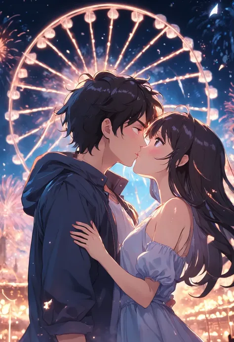 Romantic couple kissing in the wind，Brunette boy，High-haired girls，glowing stars，Glow effects，Heart-shaped bubbles，the night，he Ferris wheel，fire works，The face is clear and accurate，detail in face，super-fine，16K resolution，high qulity，电影灯光，High picture de...