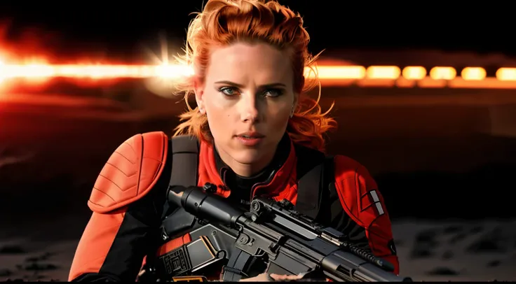 (8k, RAW photo, best quality, highres: 1.2), (realistic, photorealistic: 1.37), full body shot of Scarlett Johannsen holding a gun on Mars as a mass effect soldier in a futuristic outfit, (wielding a high-tech weapon), red hair, (off center), with a determ...