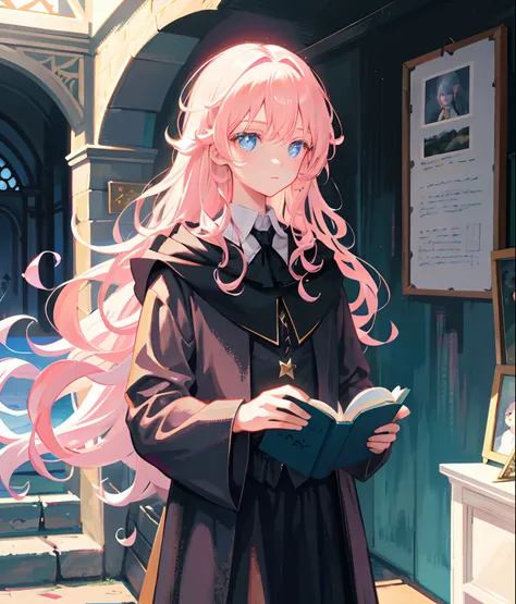 Long light pink slightly curly hair, bright light blue eyes, Star-like pupils,Hogwarts Magic has a black cat in the background of the Book of Magic