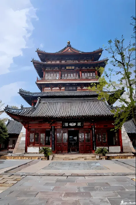 Close-up of the building，There is a tree in front, Ancient Chinese architecture, Chinese architecture, Chinese style buildings, Tang Dynasty Palace, Taoist temples and monks, large temples, chinese temple, Chinese palaces, buddhist temple, A temple, heise ...