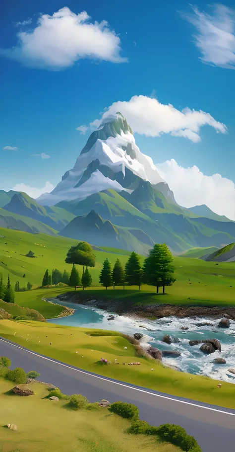 beginning of autumn，Mountains and rivers in the green valley，There is a way, epic landscapes, beatiful mountain background, disney inspired landscape, middle earth landscape, optimistic matte painting, Illustration matte painting, most epic landscape, matt...