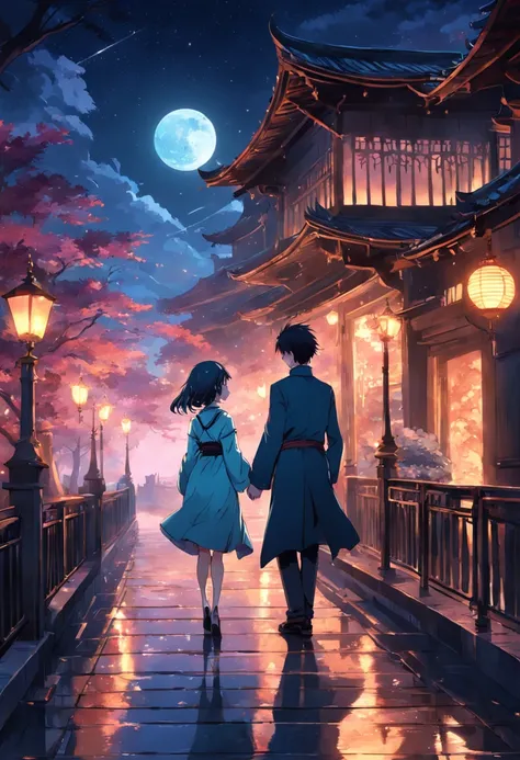 A handsome man and a beautiful woman，Meet at the Magpie Bridge under the moonlit night，HD graphics