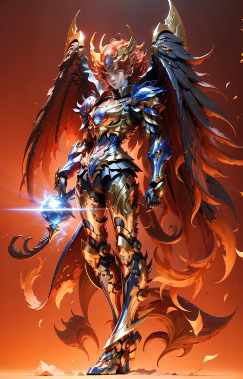 Suzaku besta divina, a female with the head of Suzaku, usando um mecha sexy, asas de chama nas costas, penas da cauda com chamas, holding a blue fireball in his hand, flutuando no ar, whole body view, fundo da fantasia,