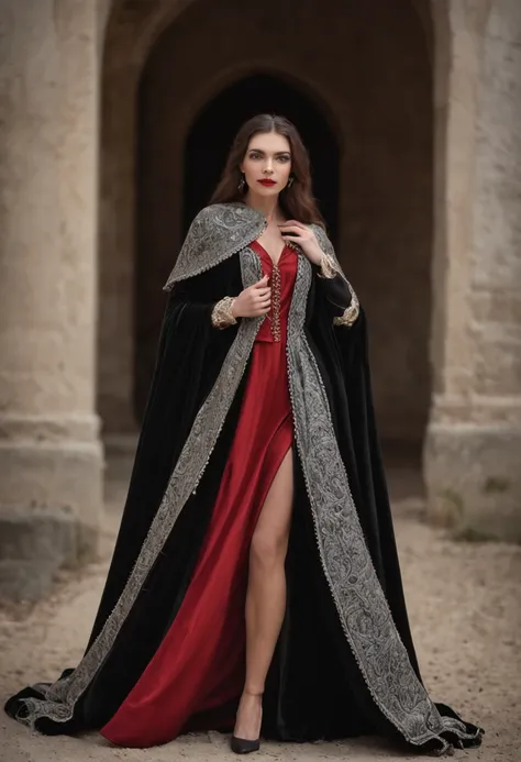 Arad woman in black and white dress and red cape, wearing a noblewomans outfit, wearing a luxurious royal cloak, wearing dramatic aristocrat robe, Wearing a luxurious silk cloak, wearing a luxurious cloak, Inspired by George De La Tour, dressed in medieval...