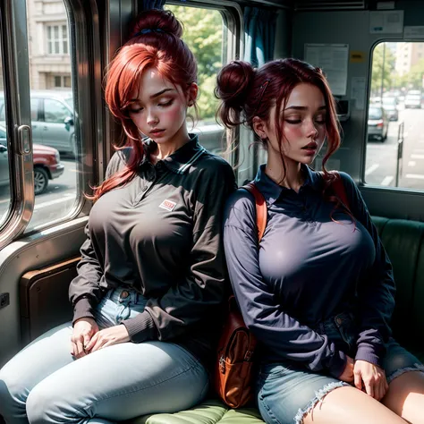 1 beautiful woman, sleeping with her mouth open, lips open, sleeping sitting on the bus seat, red hair, all hair tied up with a hair clip in a single bun, black long-sleeved polo shirt with little gold circles on the shoulders, wide neckline polo shirt, bl...