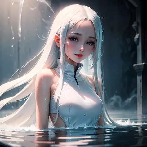 Dressed in wet white and translucent，Teming red lips，A smile appeared at the corner of his mouth，Water vapor fills the space，long hair flowing，Two-dimensional anime，wallpaper hd