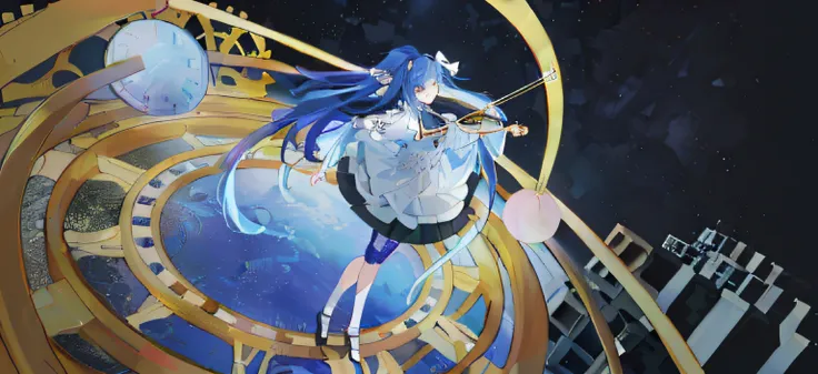 Blue hair Wearing white skirt Girl Universe and Earth Stand on the time plate and play the violin