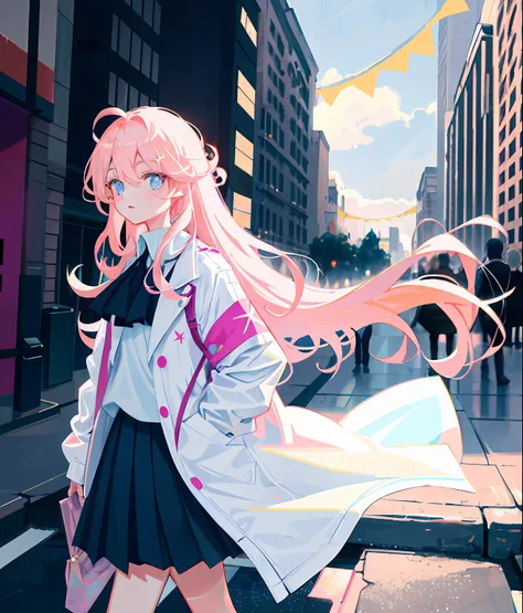 Long light pink slightly curly hair, bright light blue eyes, Star-like pupils, walking at street,  laughingly, Girl, , Daytime, White coat, shirt, Black pleated skirt, Black silk