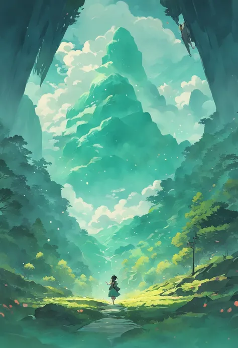 Cyan mountains, green pines, jade-like color schemes, overlay clouds