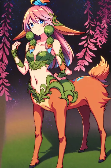 best quality, anime, full body, lillia, deer centaur, smiling, (simple background)