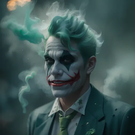 escuro e sombrio, 8k, an up-close photo of the green-haired joker with green smoke bombs behind him,
textura realista, dynamic c...