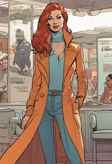 Close-up of people in trench coats and jeans, official character art, official character illustration, adam hughes, character art closeup, Women researchers, full body portrait of jean grey, detailed character art, detailed character portrait, Comic book c...