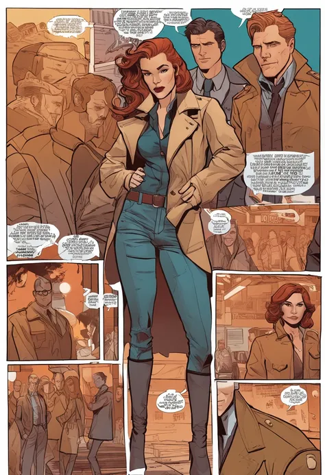 Close-up of people in trench coats and jeans, official character art, official character illustration, adam hughes, character art closeup, Women researchers, full body portrait of jean grey, detailed character art, detailed character portrait, Comic book c...