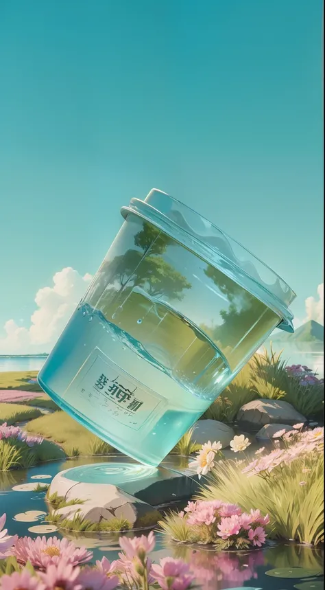 A paper cup, standing on a stone with grass under it (water: 1.2), flowers, sky, clouds, OC rendering, masterpiece, best quality, master work, sunlight