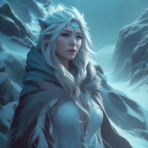 in a realistic anime of a frost druid woman, guide through the mountain, fantasy style, dynamic lighting, cold weather