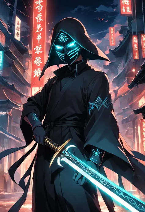 A masked man in black wearing a hat，Holding a glowing sword，China-style