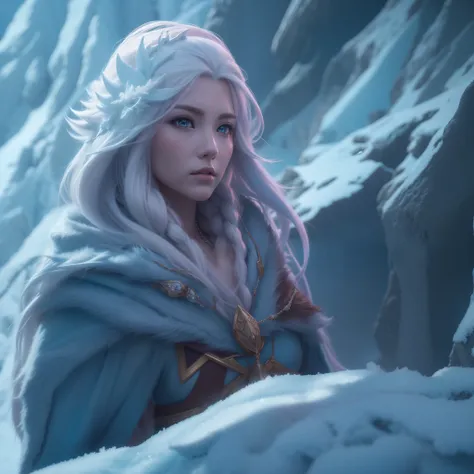 in a realistic anime of a frost druid woman, guide through the mountain, fantasy style, dynamic lighting, cold weather