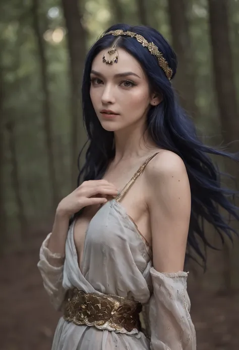 high quality half length portrait,  RAW photo of  european  nymph, warrior, beautiful, attractive, very pretty face, accurate face, detailed face, jeweled headband, small breasts, long dark blue hair, hair blowing in the wind,  brown eyes, heavy dark makeu...