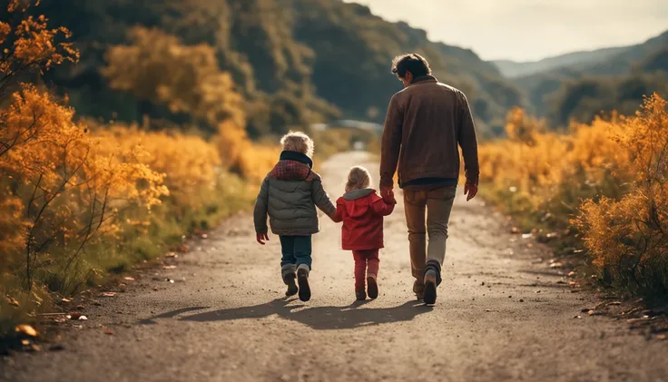 A detailed ilustration best quality, parents and two childs hand on hand, they face to face happy,  on the right of the road, with tree around, real photo, family near camera