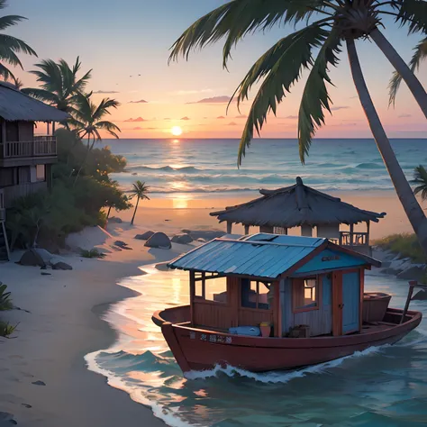 cartoonish style，Sunset beach ocean，signal lights，There are shabby chalets on the shore，There are mobile fishing boats at sea，coconut palms，detail-rich，3Drenderingof。