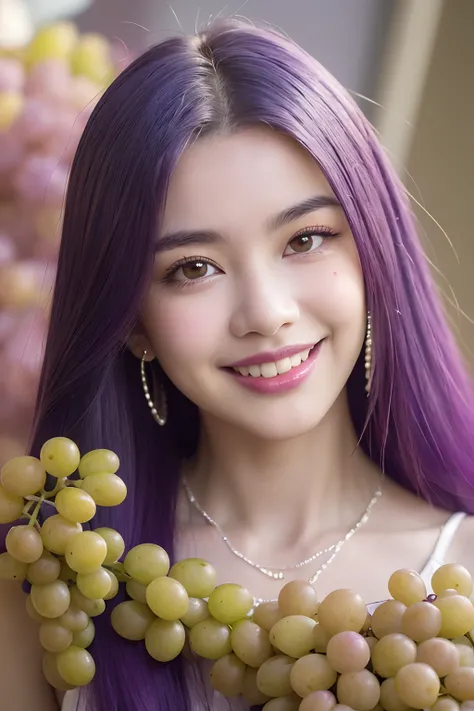 (extra detailed body、extra detailed face、best qualtiy:1.2)、femele、looking at the viewers、(Purple mesh hair on white、Outstanding smile、sixteen years old、Earrings of bird feathers up to the shoulders、a necklace、)、(Grapes in the background:1.4)